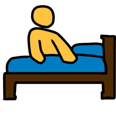 A yellow featureless torso with arms touching blue sheet or blanket that is on a brown bedframe with a blue pillow.